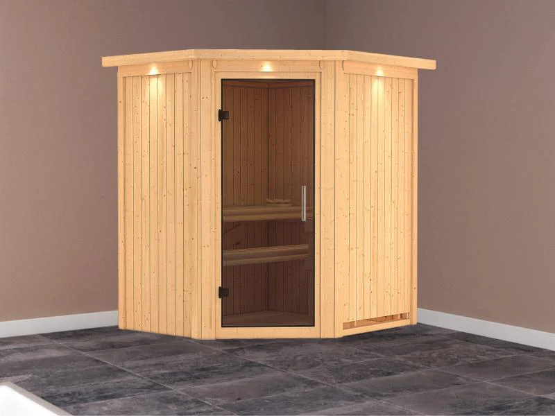 Tonja - Karibu Sauna Plug & Play ohne Ofen - mit Dachkranz - Moderne Saunatür - Image 2