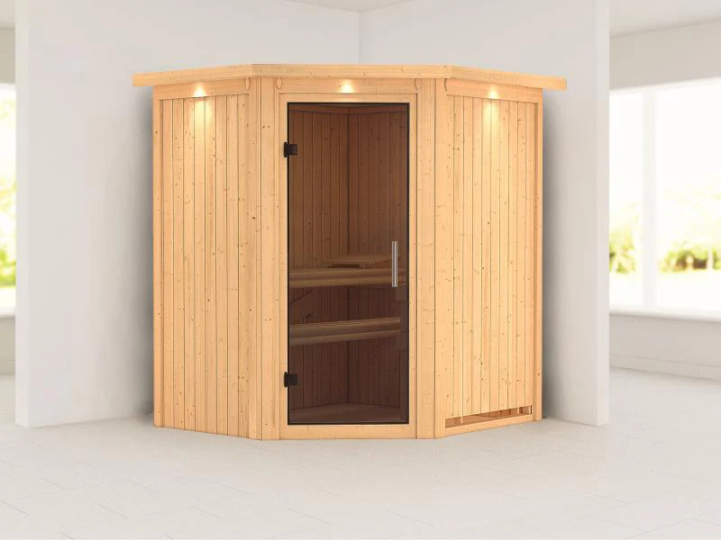 Tonja - Karibu Sauna Plug & Play ohne Ofen - mit Dachkranz - Moderne Saunatür - Image 4