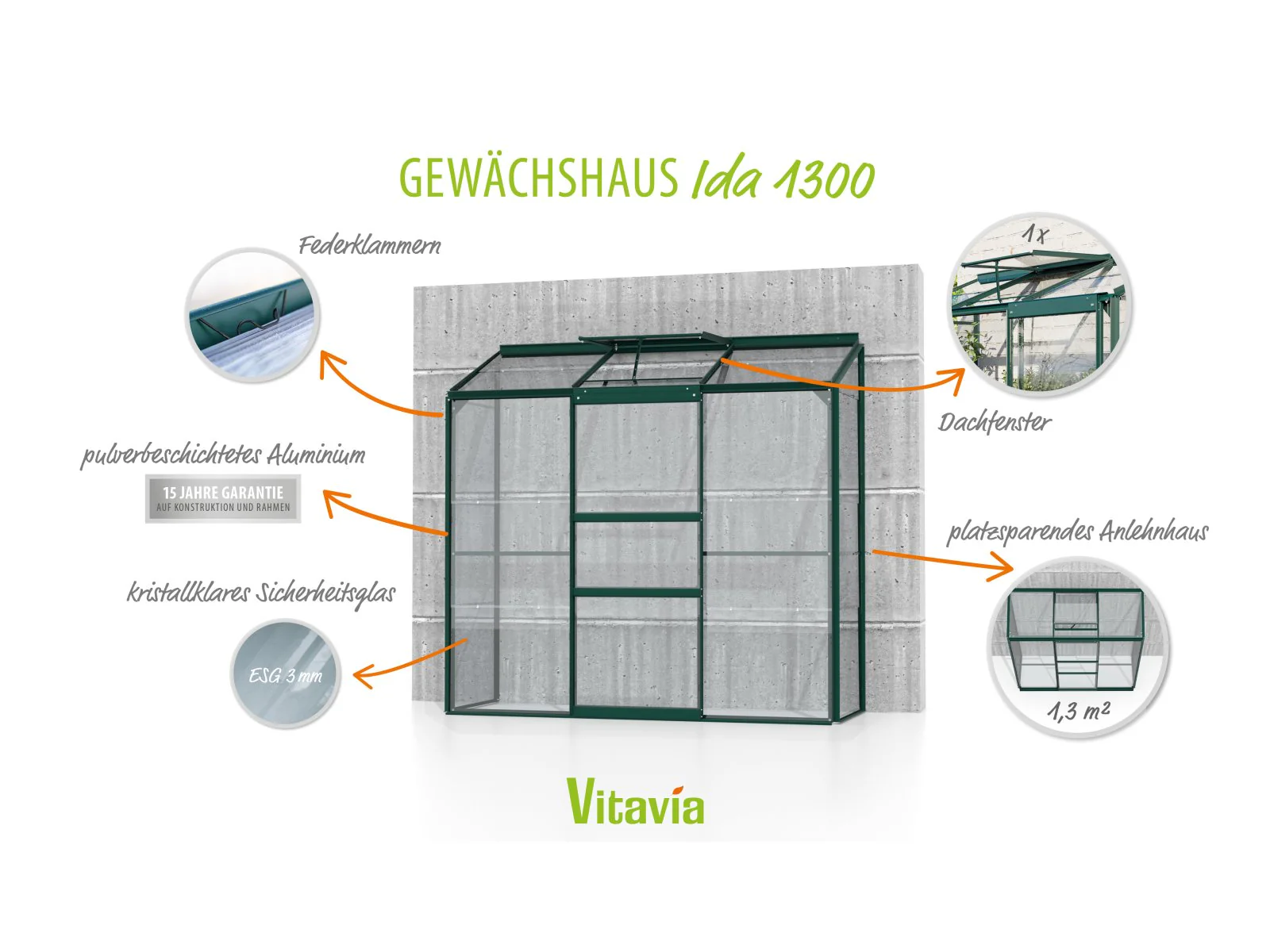 Vitavia Gewächshaus Ida 1300, 3mm ESG, Smaragd - Image 5