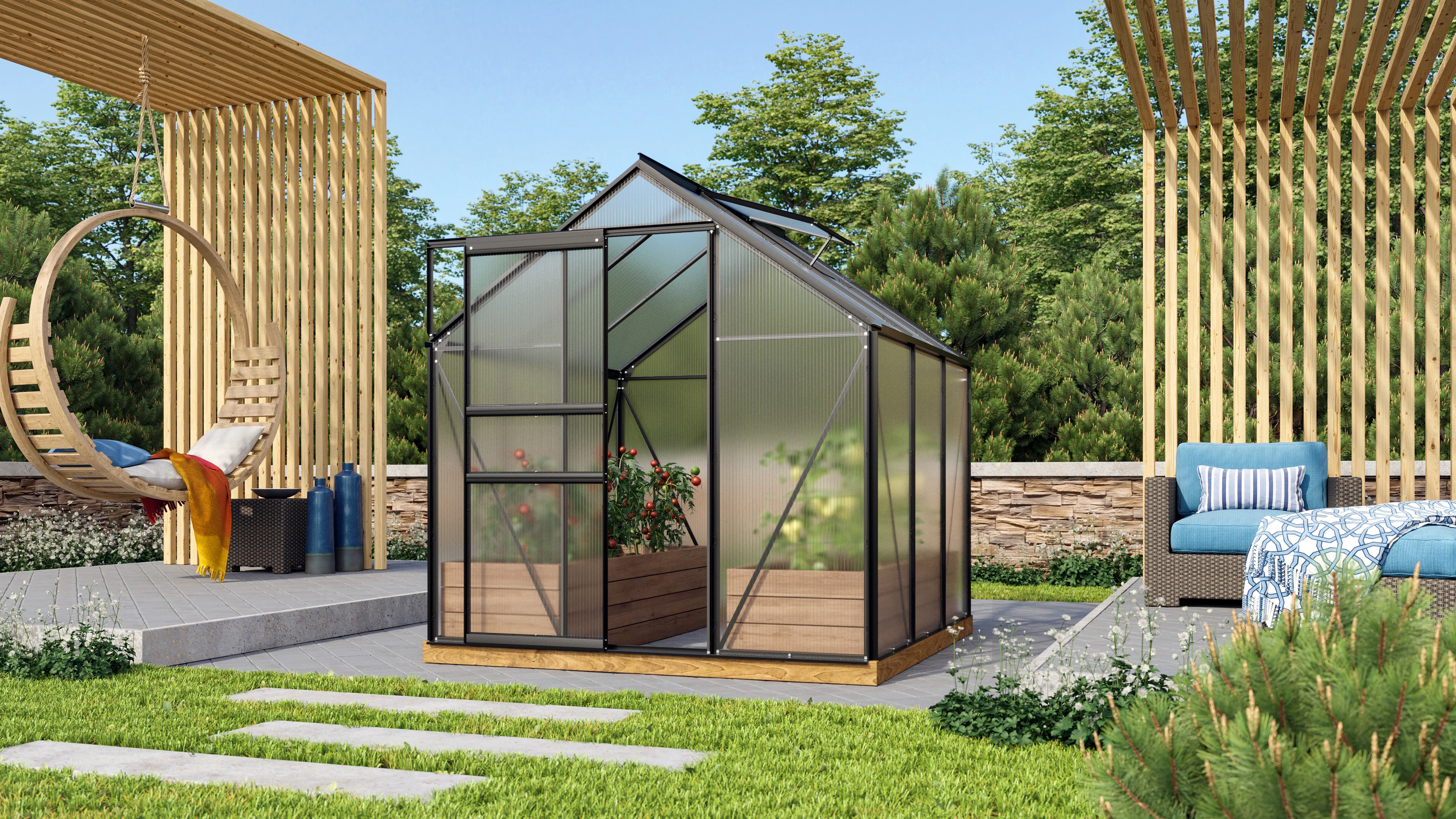 Vitavia Gewächshaus Venus 3800 HKP 6mm Schwarz, im SET, inkl. Fundament, Fensterheber, Regenfallrohr-Set, Aluregal und Alutisch