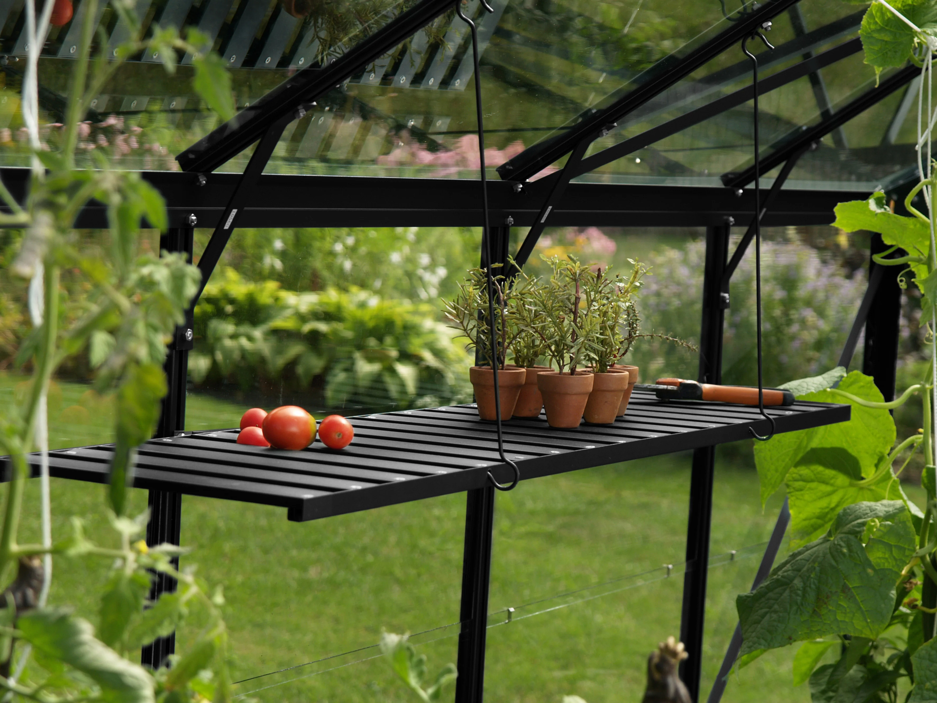Vitavia Gewächshaus Venus 3800 HKP 6mm Schwarz, im SET, inkl. Fundament, Fensterheber, Regenfallrohr-Set, Aluregal und Alutisch - Image 13