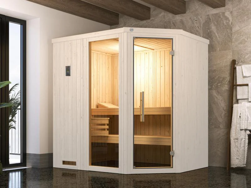Weka Elementsauna Varberg 1,weiß, inkl. 5,4 kW Ofen Kompakt integr. Steuerung, Ganzglastür und Fens