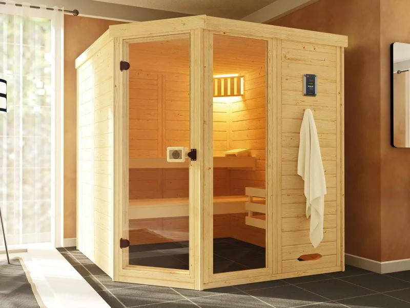 Weka Massivholz-Elementsauna Laukkala 3 GTF inkl. 7,5 kW Bioofen digitale Steuerung, mit Saunaleucht