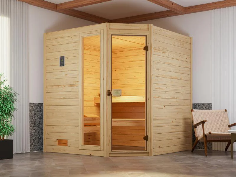 Weka Massivholzsauna Valida Eck 1,8 GTF, inkl. 4,5 kW Bioofen mit digitaler Steuerung, mit Ganzglast