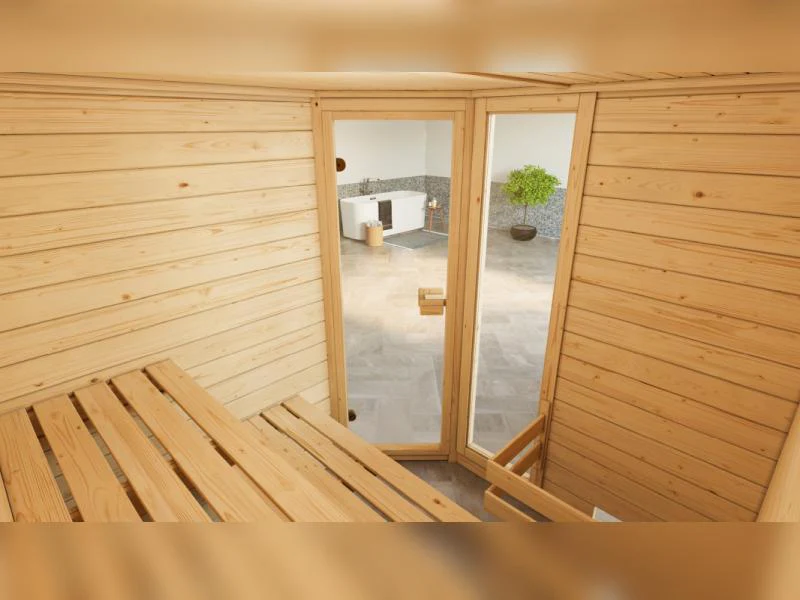 Weka Massivholzsauna Valida Eck 1,8 GTF, inkl. 4,5 kW Ofen mit digitaler Steuerung, mit Ganzglastür - Image 10