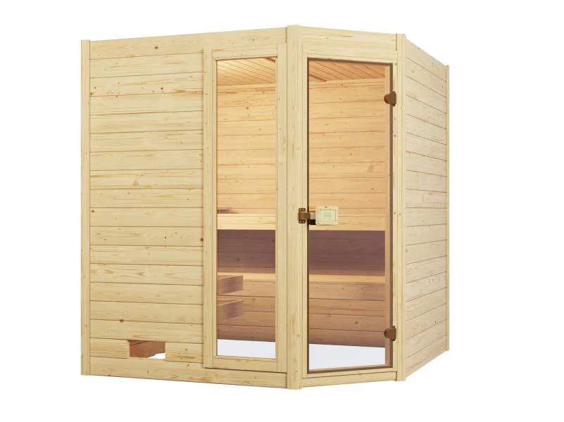 Weka Massivholzsauna Valida Eck 1,8 GTF, inkl. 5,4 kW Ofen Kompakt integr. Steuerung, mit Ganzglastü - Image 2