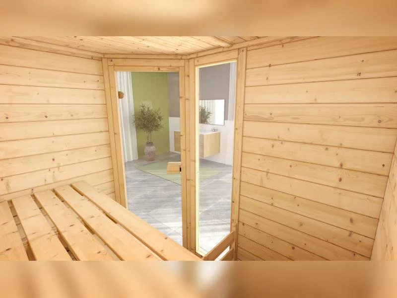 Weka Massivholzsauna Valida Eck 1 GTF, inkl. 4,5 kW Ofen digitale Steuerung (OS), mit Ganzglastür un - Image 10