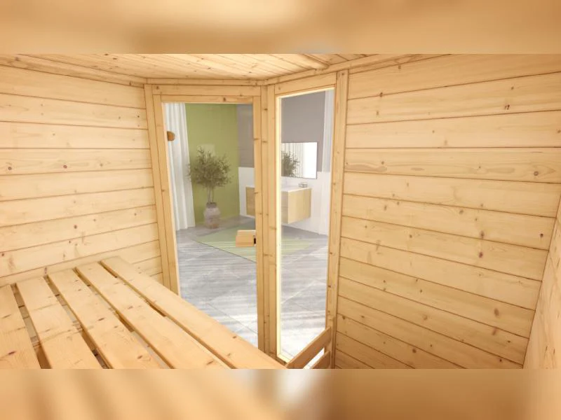 Weka Massivholzsauna Valida Eck 1 GTF, inkl. 7,5 kW Bioofen digitale Steuerung (BioS), mit Ganzglast - Image 9
