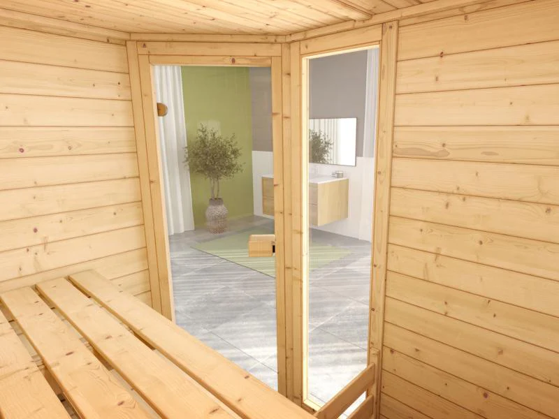 Weka Massivholzsauna Valida Eck 1 GTF, inkl. 7,5 kW Ofen digitale Steuerung (OS), mit Ganzglastür un - Image 7