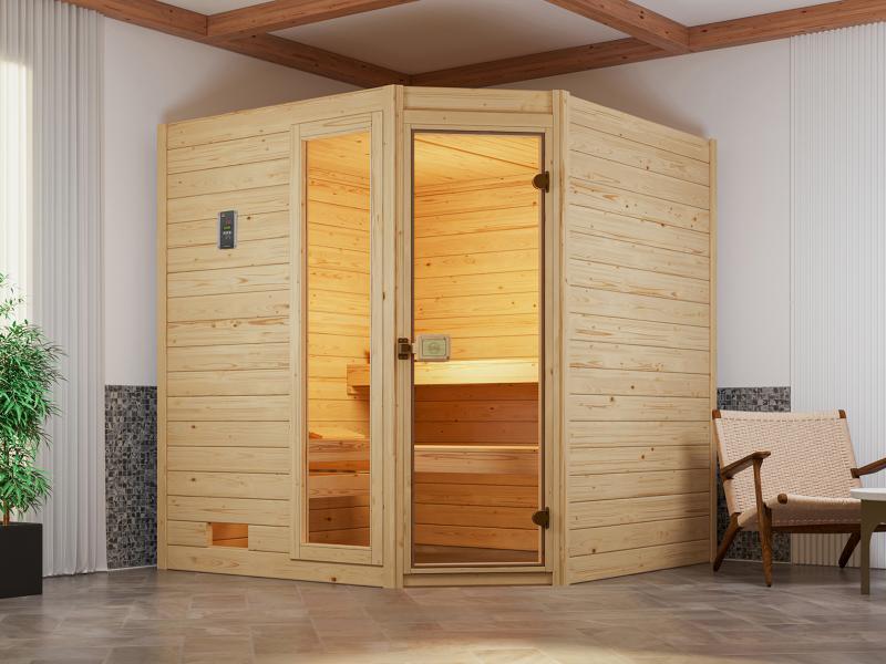Weka Massivholzsauna Valida Eck 2 GTF, inkl. 5,4 kW Ofen Kompakt integr. Steuerung, Ganzglastür und