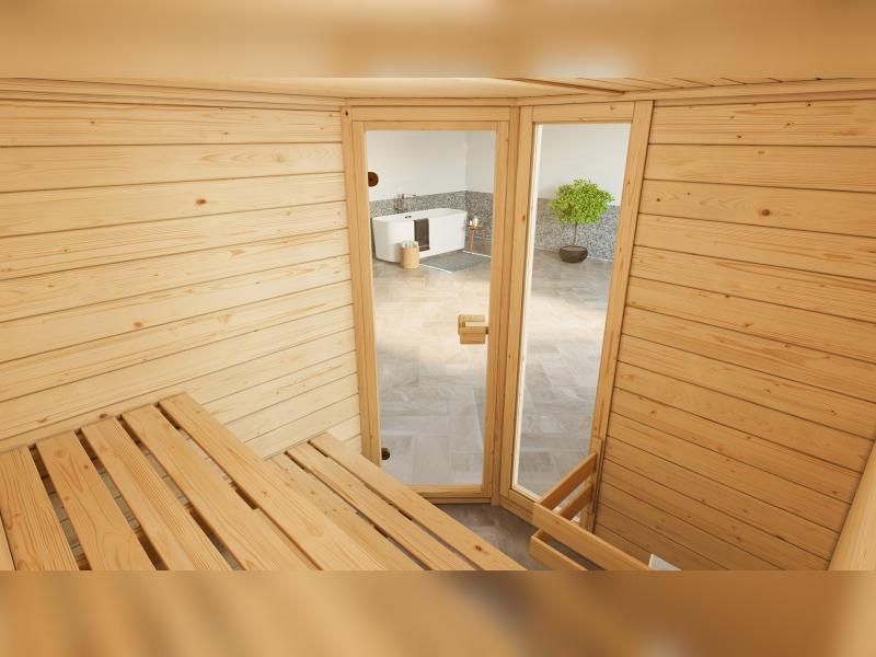 Weka Massivholzsauna Valida Eck 2 GTF, inkl. 5,4 kW Ofen Kompakt integr. Steuerung, Ganzglastür und - Image 5