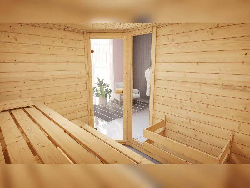 Weka Massivholzsauna Valida Eck 3 GTF, inkl. 9 kW Ofen mit digitaler Steuerung (OS), Ganzglastür und - Image 10