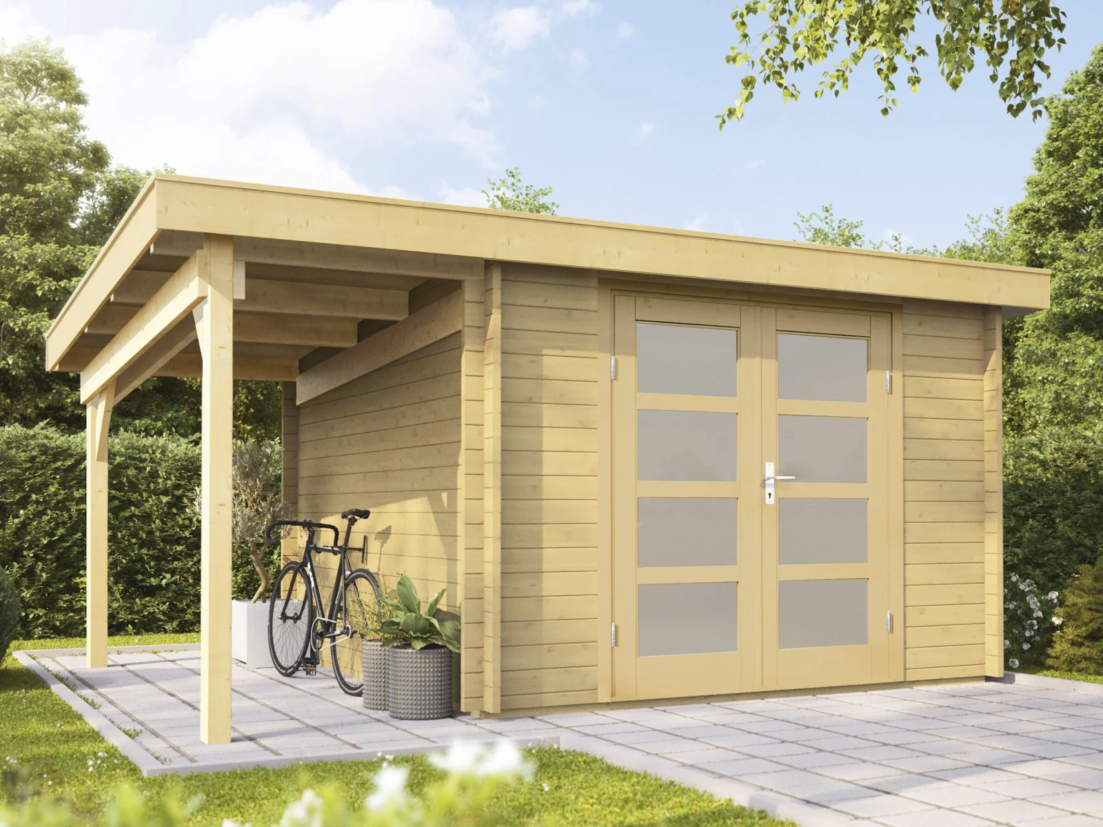 Wolff Finnhaus Gartenhaus Emelie 4324, 34 mm, mit Milchglastür, Seitendach und Fußboden