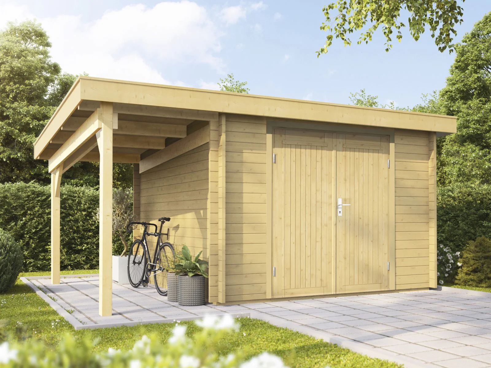 Wolff Finnhaus Gartenhaus Emelie 4324, 34 mm, mit Vollholztür, Seitendach und Fußboden