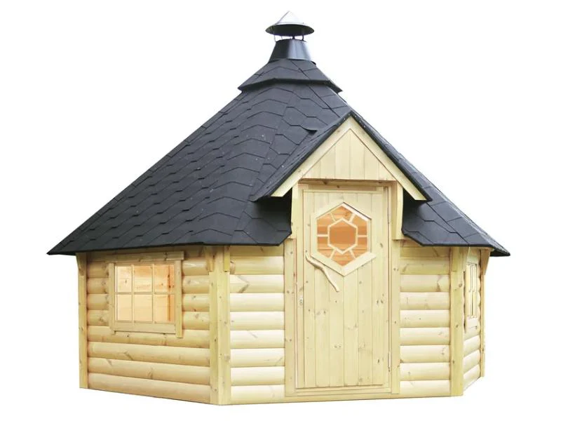 Wolff Finnhaus Grillkota Basic 9 mit Grillanlage schwarze Schindeln und rundem Tisch - Image 2
