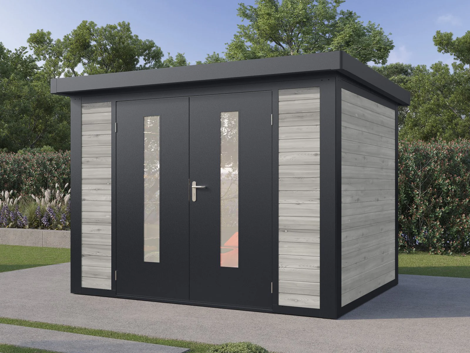 Wolff Finnhaus Hybrid-Gartenhaus Henrik 3024, 28 mm, Grau imprägniert