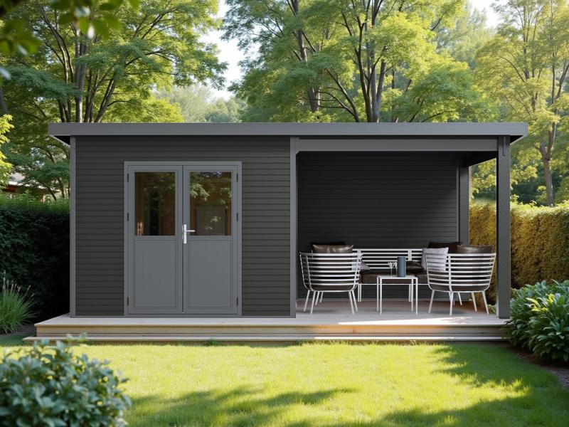 Linholm WPC Gartenhaus Linia 5628 mit Anbaudach und Rückwand, inkl. Dachrinnen-Set, Anthrazit - Image 10