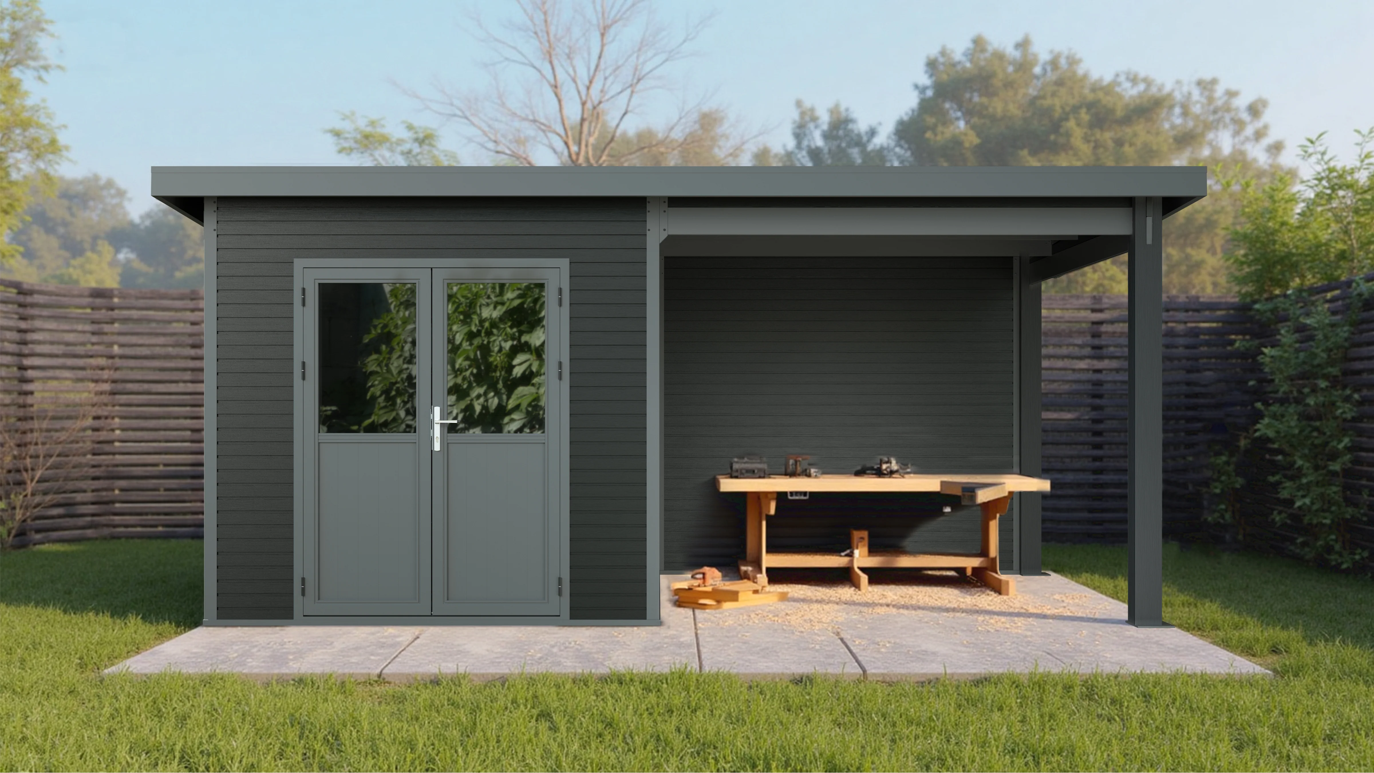 Linholm WPC Gartenhaus Linia 5228 mit Anbaudach und Rückwand, inkl. Dachrinnen-Set, Anthrazit - Image 10