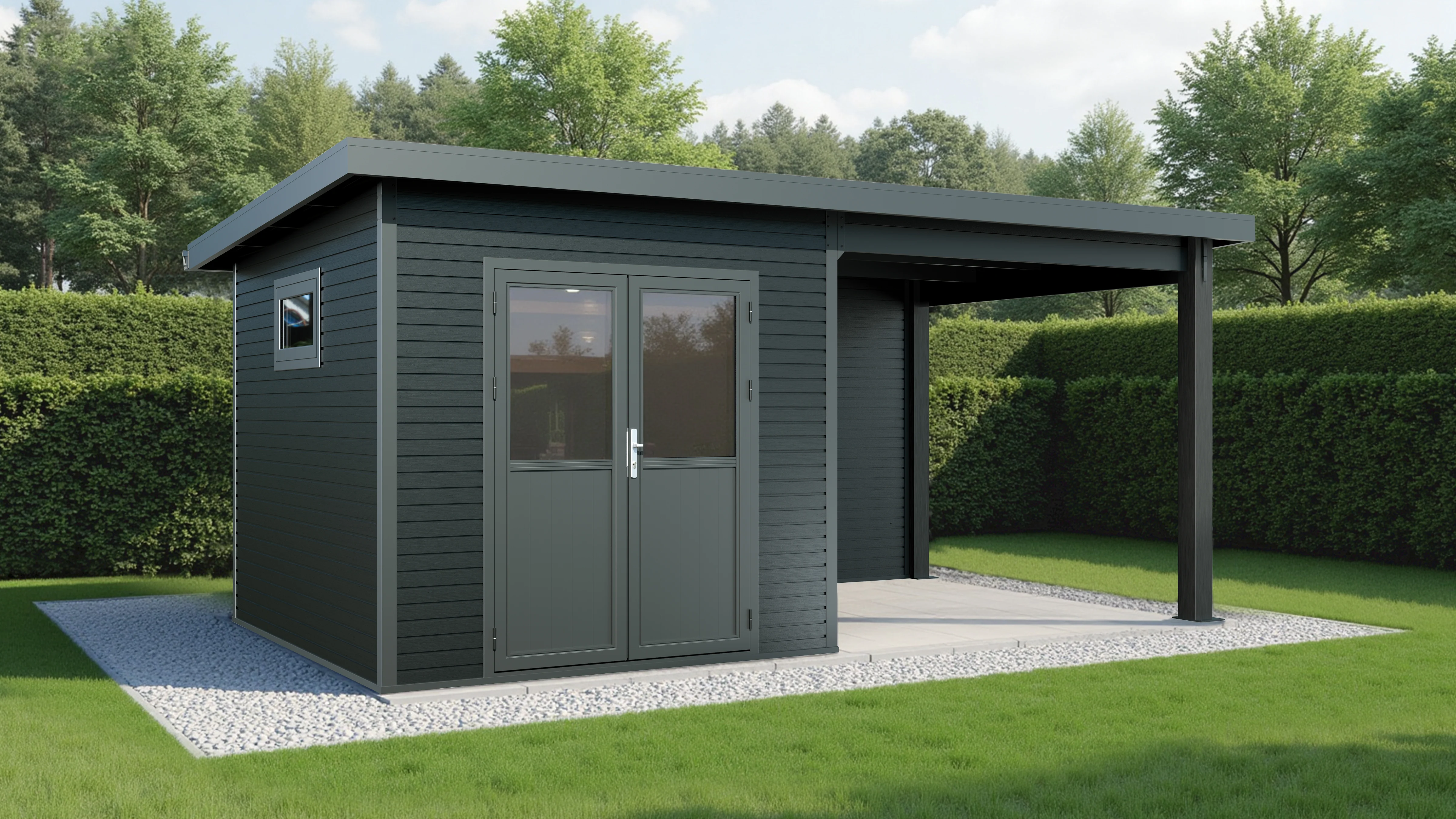 Linholm WPC Gartenhaus Linia 5228 mit Anbaudach und Rückwand, inkl. Dachrinnen-Set, Anthrazit - Image 12