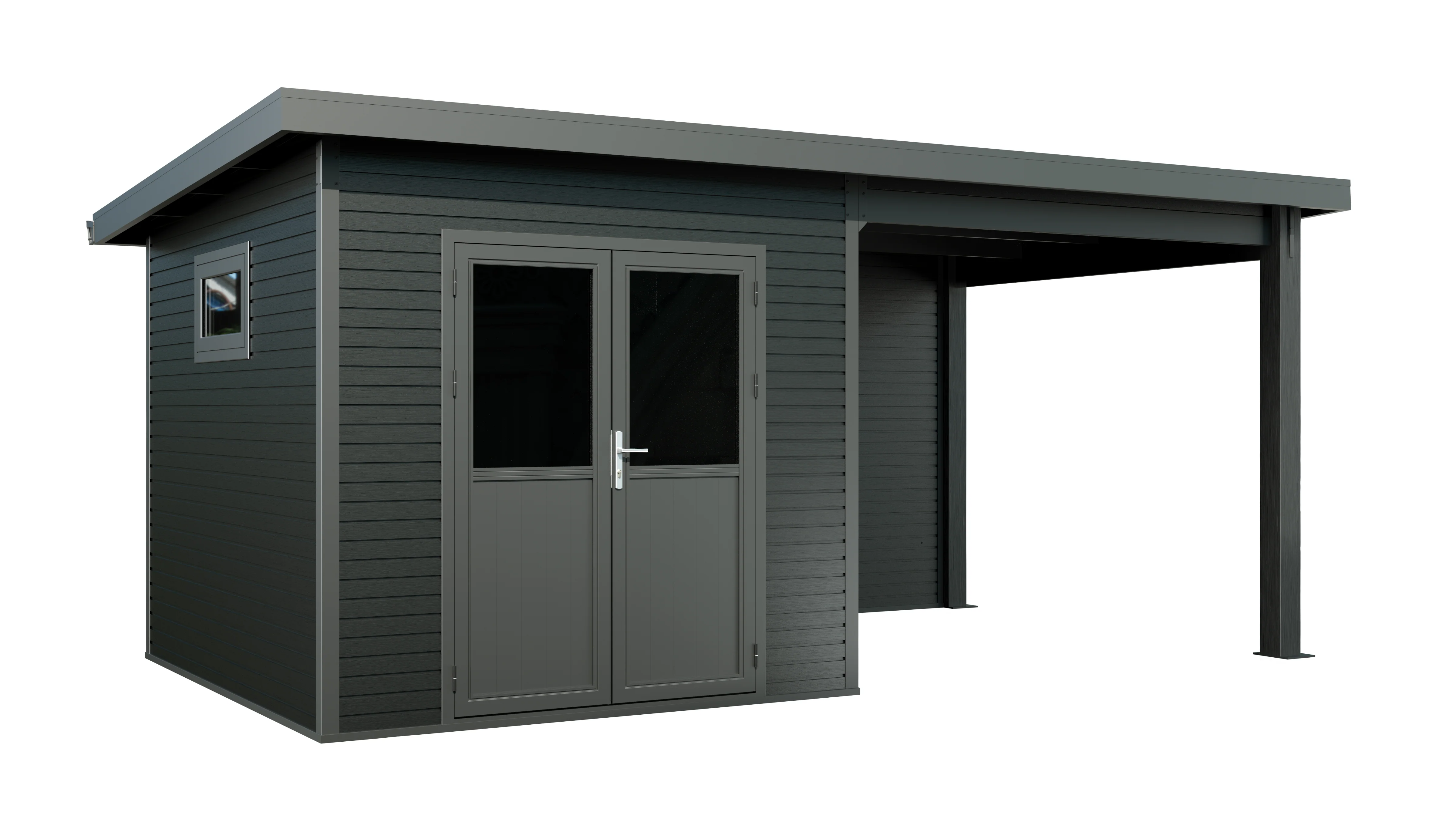 Linholm WPC Gartenhaus Linia 5228 mit Anbaudach und Rückwand, inkl. Dachrinnen-Set, Anthrazit - Image 17