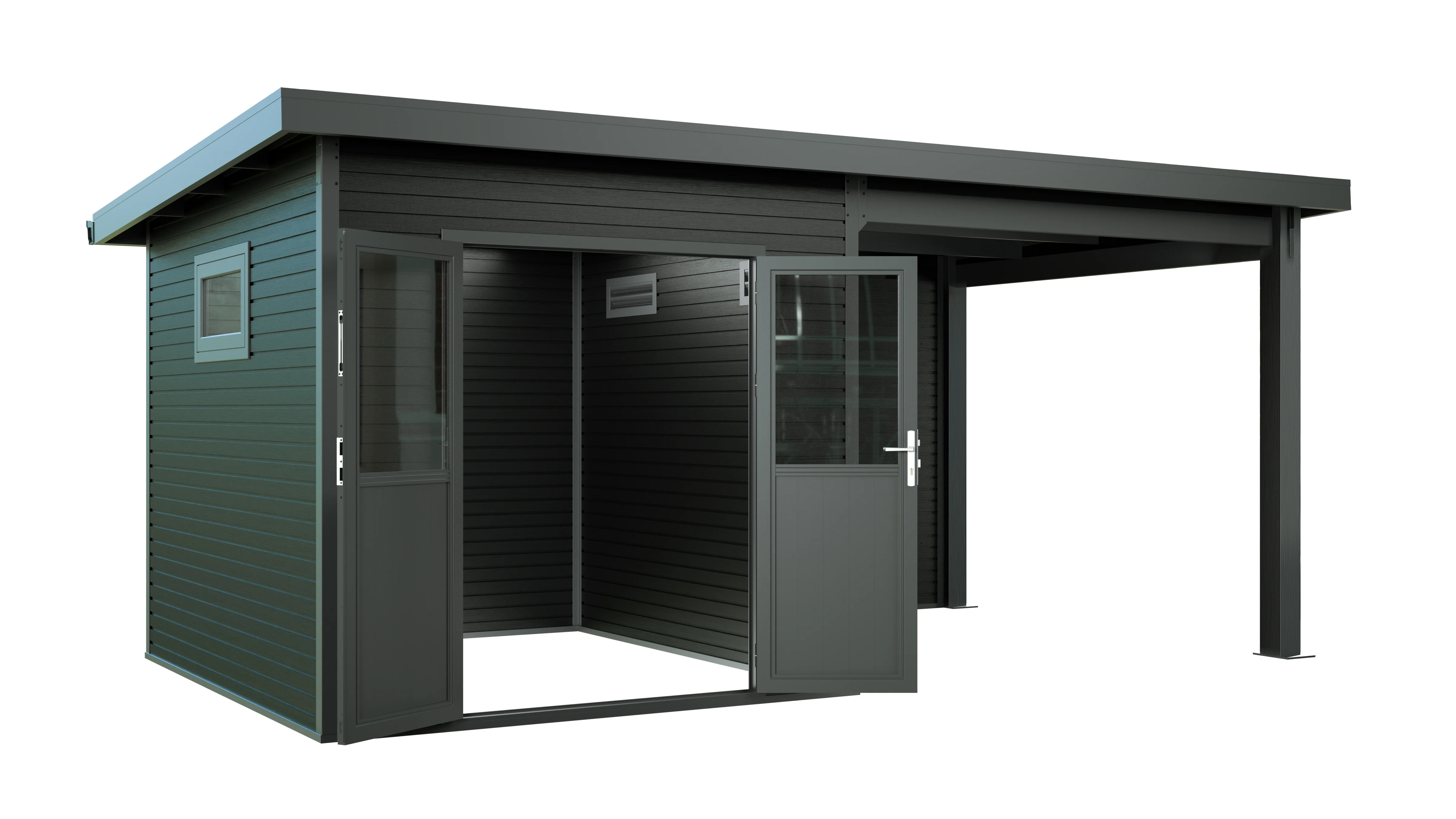 Linholm WPC Gartenhaus Linia 5228 mit Anbaudach und Rückwand, inkl. Dachrinnen-Set, Anthrazit - Image 19