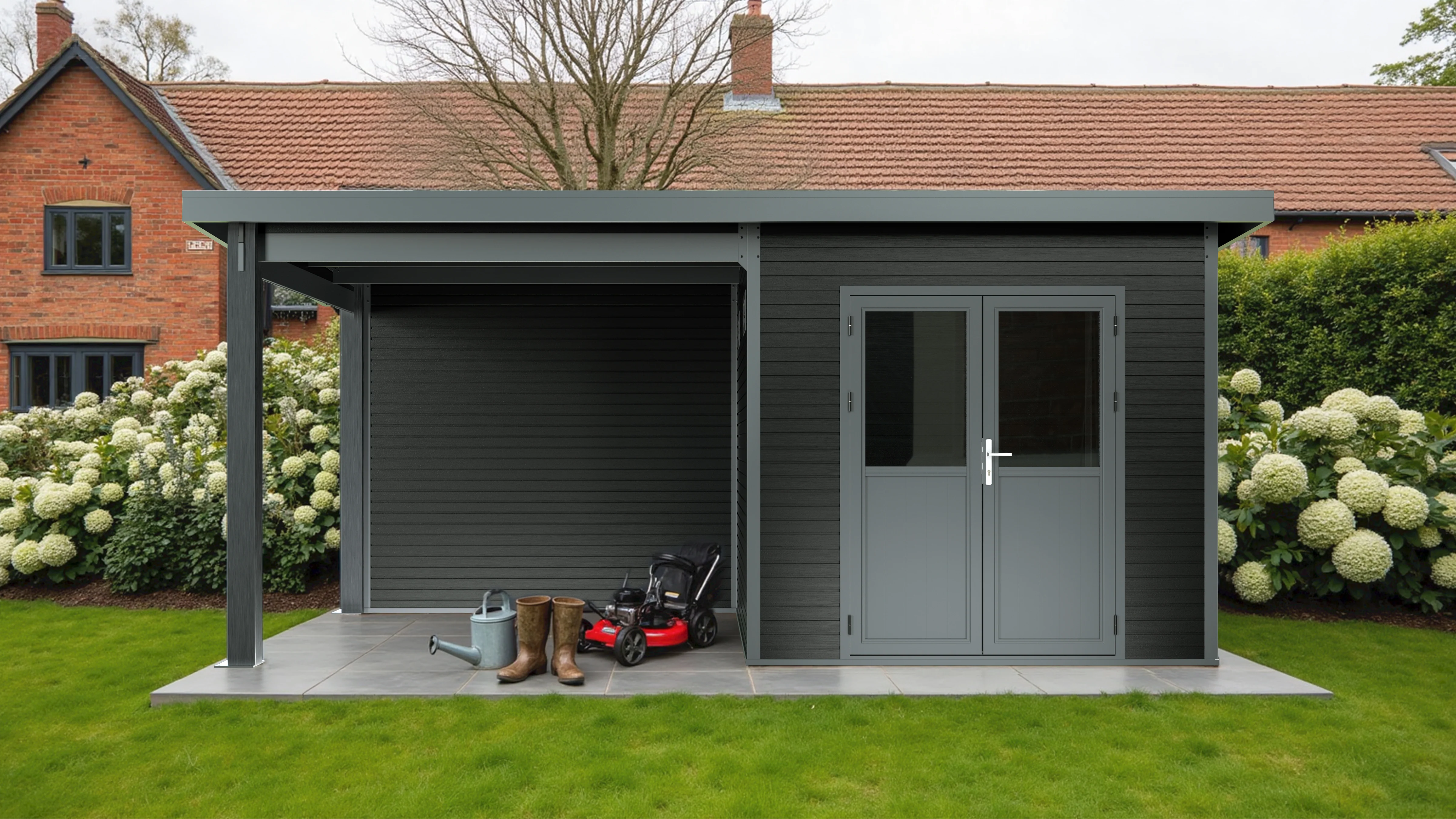 Linholm WPC Gartenhaus Linia 5228 mit Anbaudach und Rückwand, inkl. Dachrinnen-Set, Anthrazit - Image 3