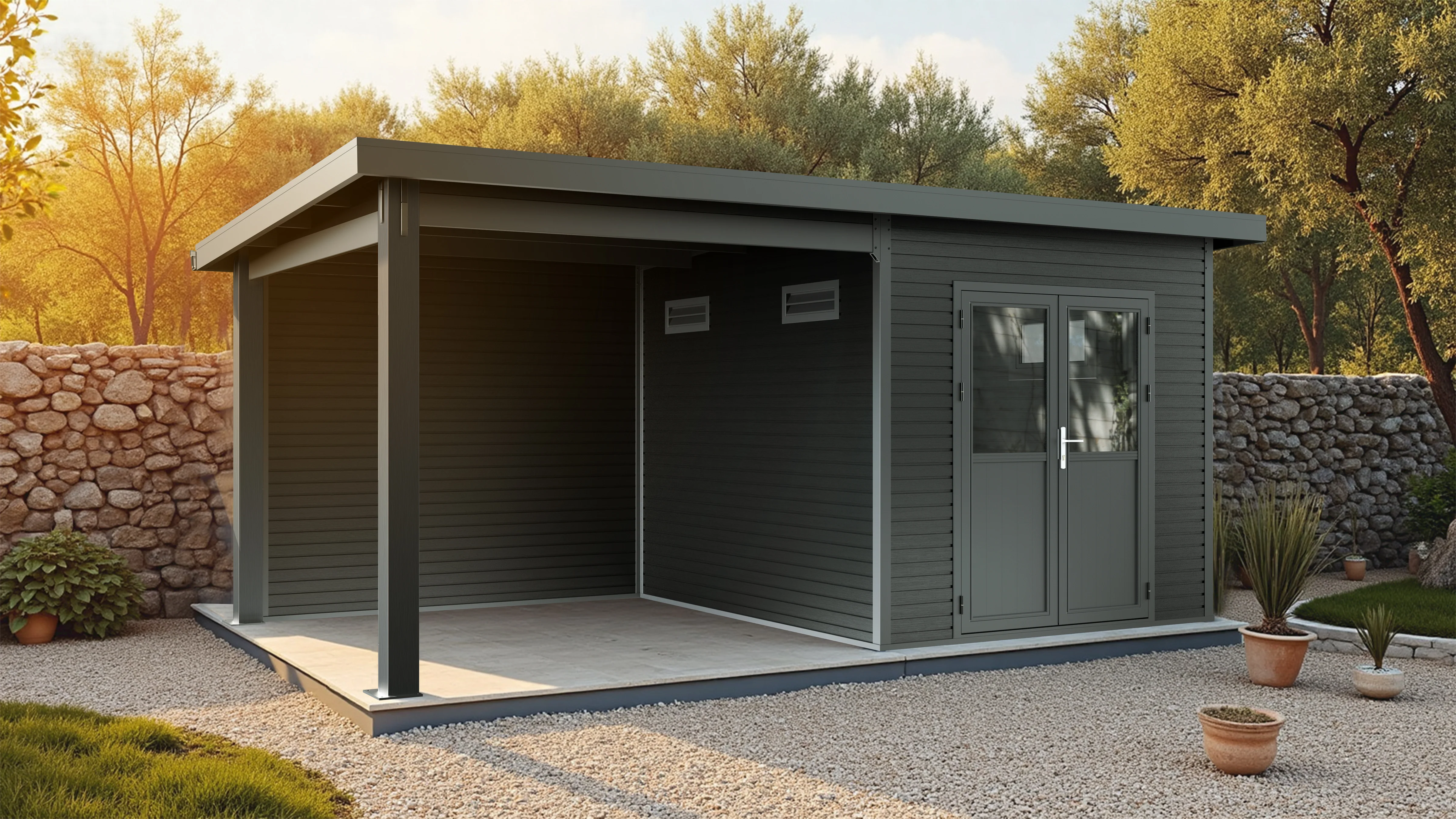 Linholm WPC Gartenhaus Linia 5228 mit Anbaudach und Rückwand, inkl. Dachrinnen-Set, Anthrazit - Image 4
