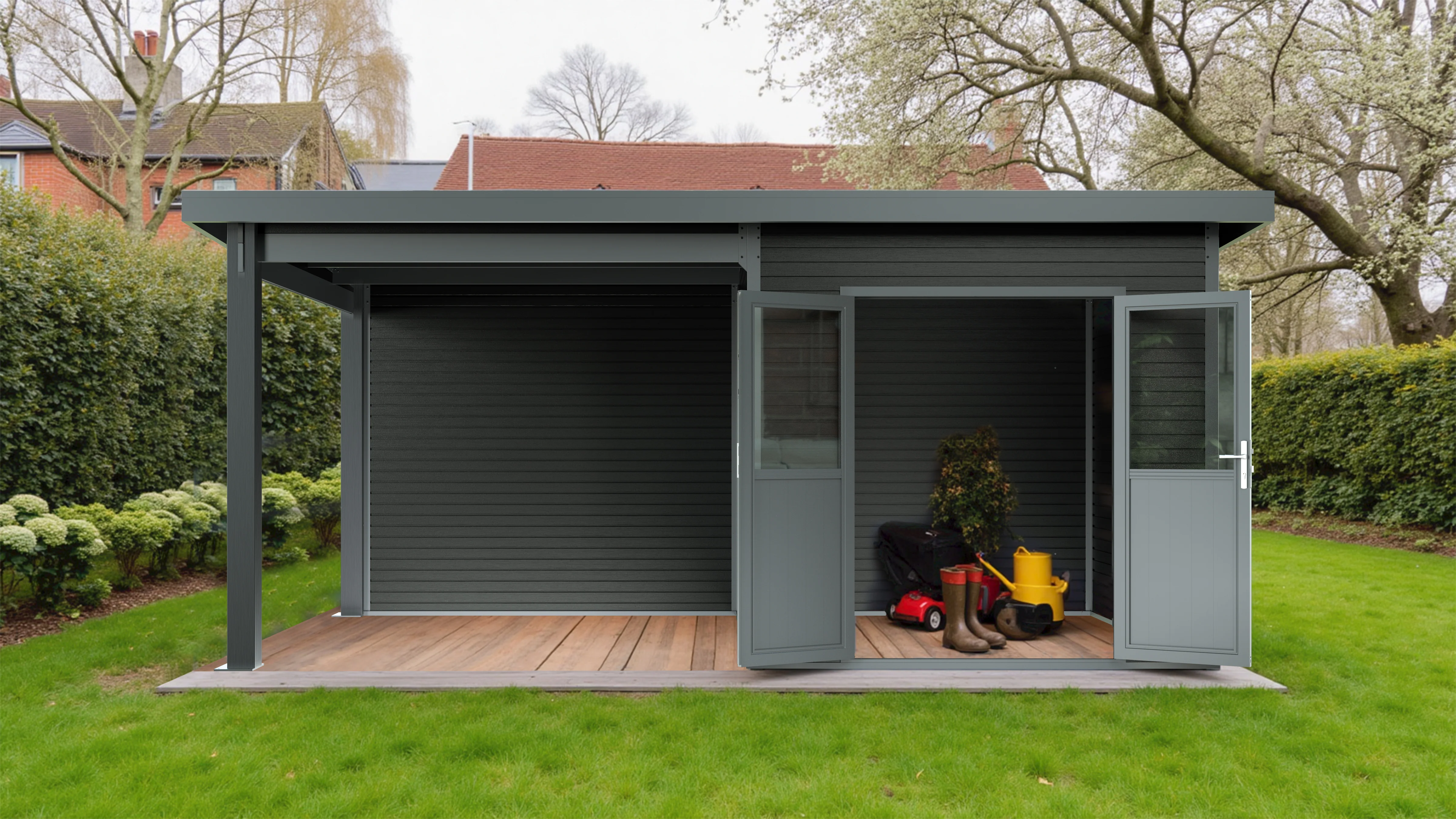 Linholm WPC Gartenhaus Linia 5228 mit Anbaudach und Rückwand, inkl. Dachrinnen-Set, Anthrazit - Image 5