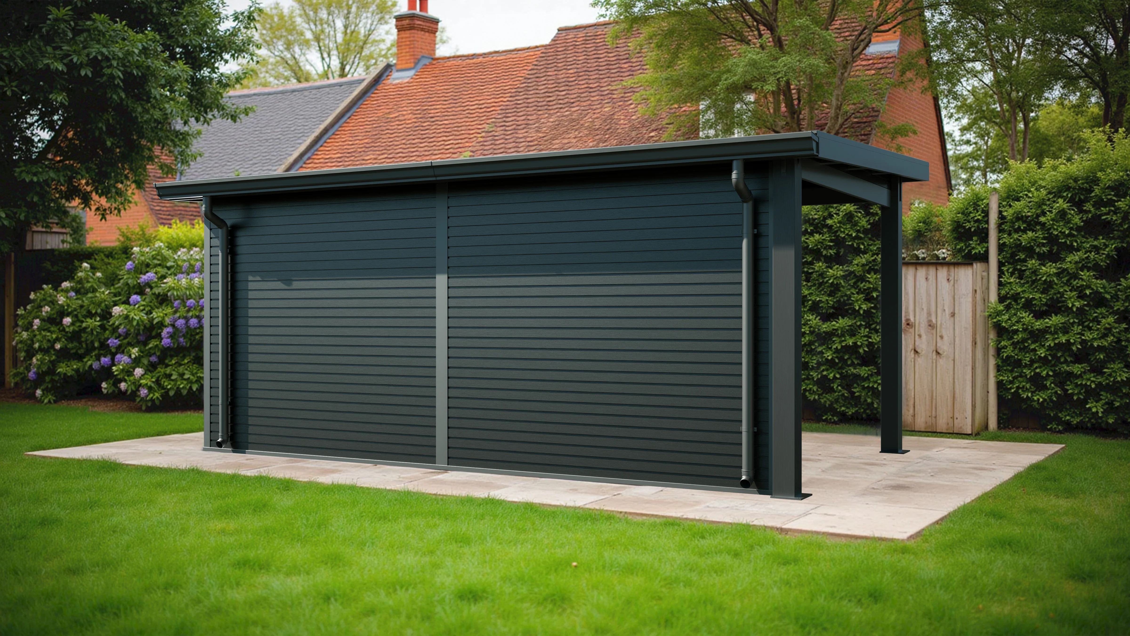 Linholm WPC Gartenhaus Linia 5228 mit Anbaudach und Rückwand, inkl. Dachrinnen-Set, Anthrazit - Image 6